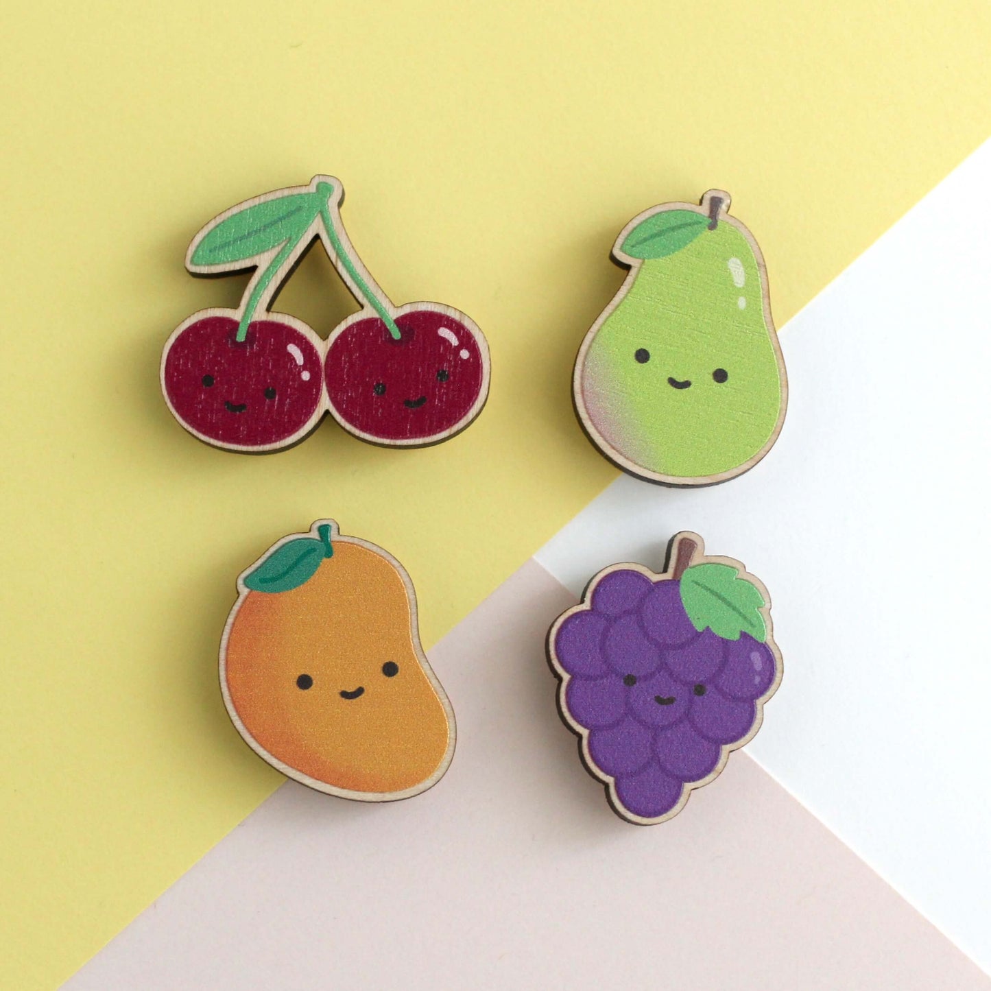 Rainbow Fruit Wooden Magnet Set - w Cherries, Pear, Mango and Grapes