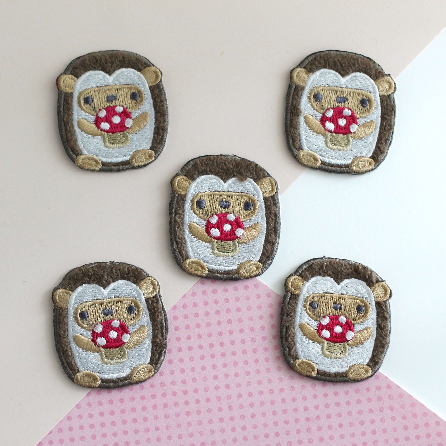 Hedgehog holding Mushroom Chenille Embroidered Iron-On Patch
