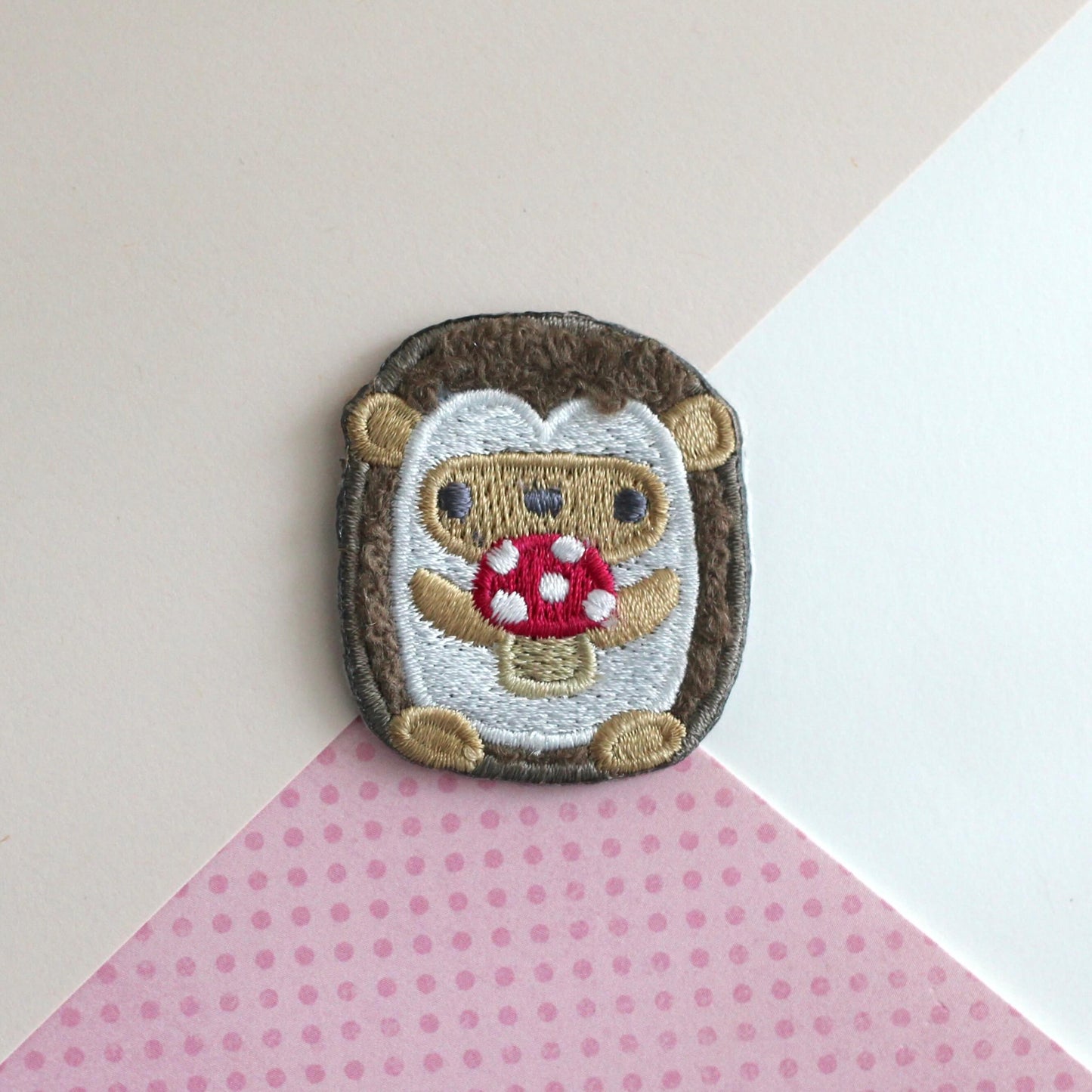 Hedgehog holding Mushroom Chenille Embroidered Iron-On Patch