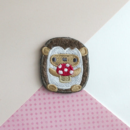 Hedgehog holding Mushroom Chenille Embroidered Iron-On Patch