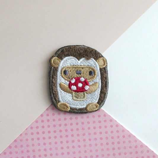 Hedgehog holding Mushroom Chenille Embroidered Iron-On Patch