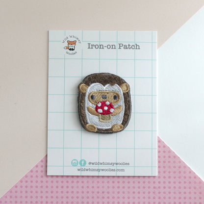 Hedgehog holding Mushroom Chenille Embroidered Iron-On Patch