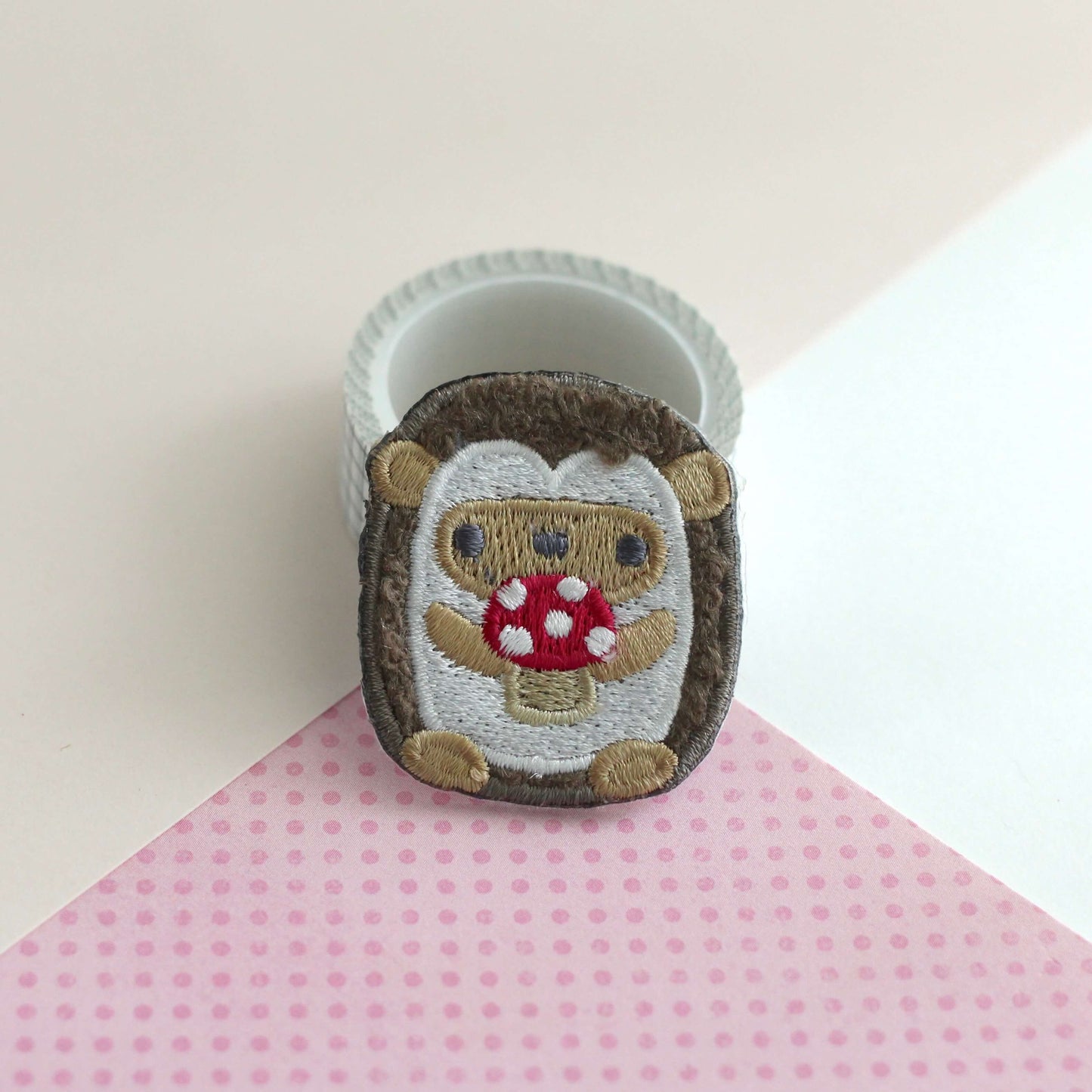 Hedgehog holding Mushroom Chenille Embroidered Iron-On Patch