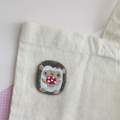 Hedgehog holding Mushroom Chenille Embroidered Iron-On Patch