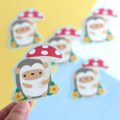 Hedgehog Holding Red Mushroom Umbrella Vinyl Sticker
