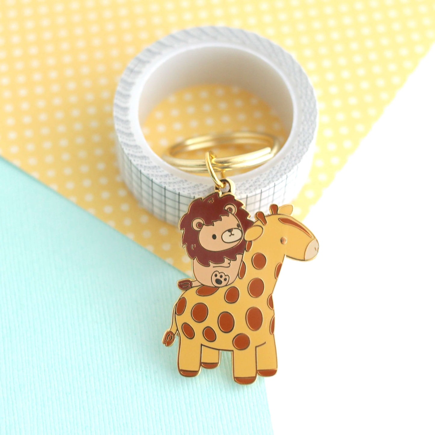 Lion Riding a Giraffe Enamel Keychain