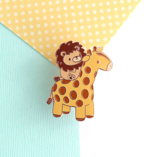 Lion Riding a Giraffe Enamel Pin