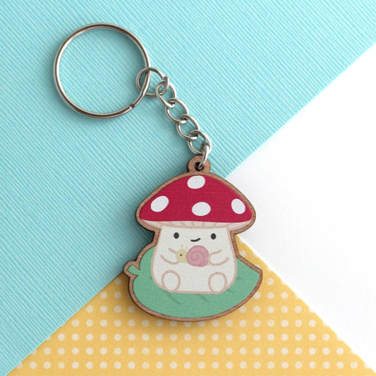Mushroom on a Leaf Wooden Keychain - Cottagecore Charm