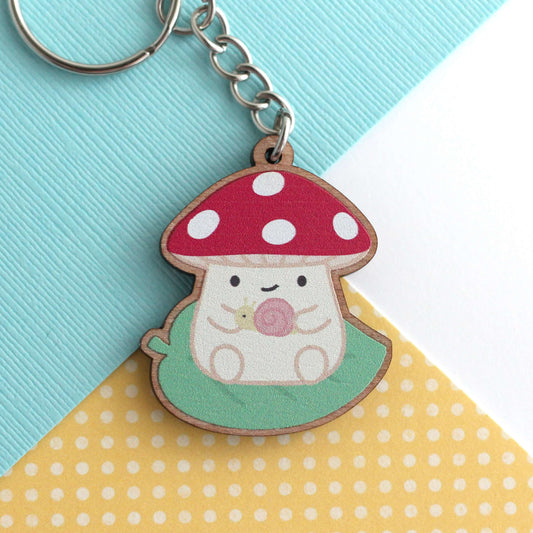Mushroom on a Leaf Wooden Keychain - Cottagecore Charm