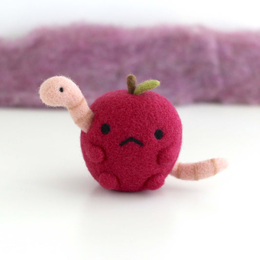 Needle Felted Grumpy Apple w/ Worm