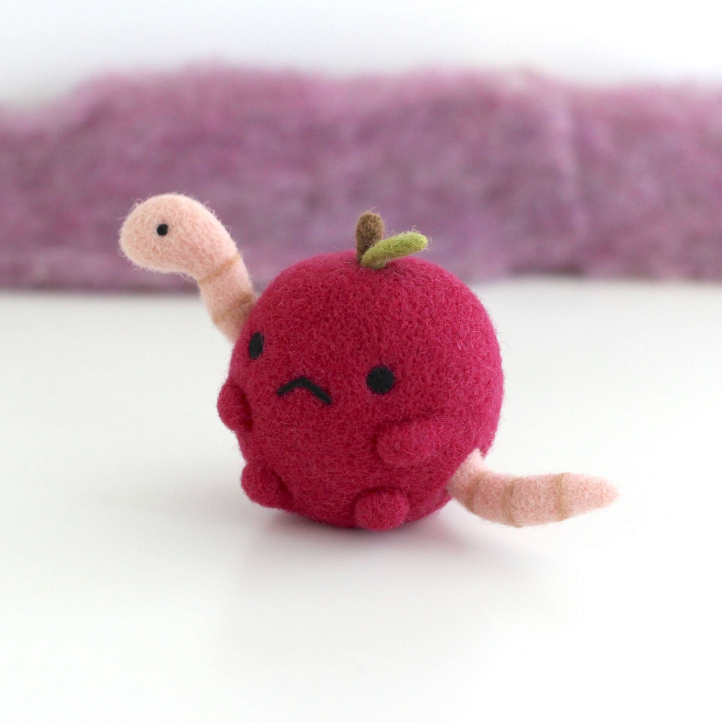 Needle Felted Grumpy Apple w/ Worm