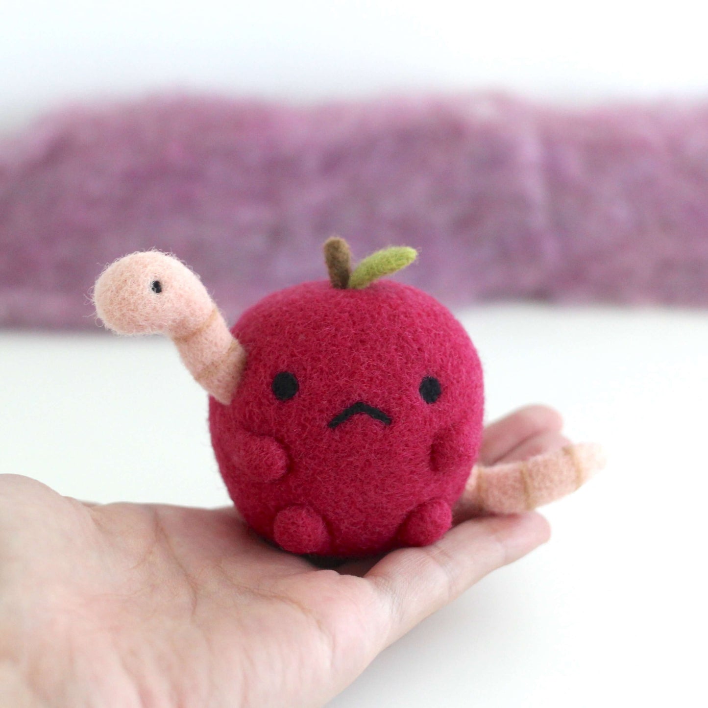 Needle Felted Grumpy Apple w/ Worm