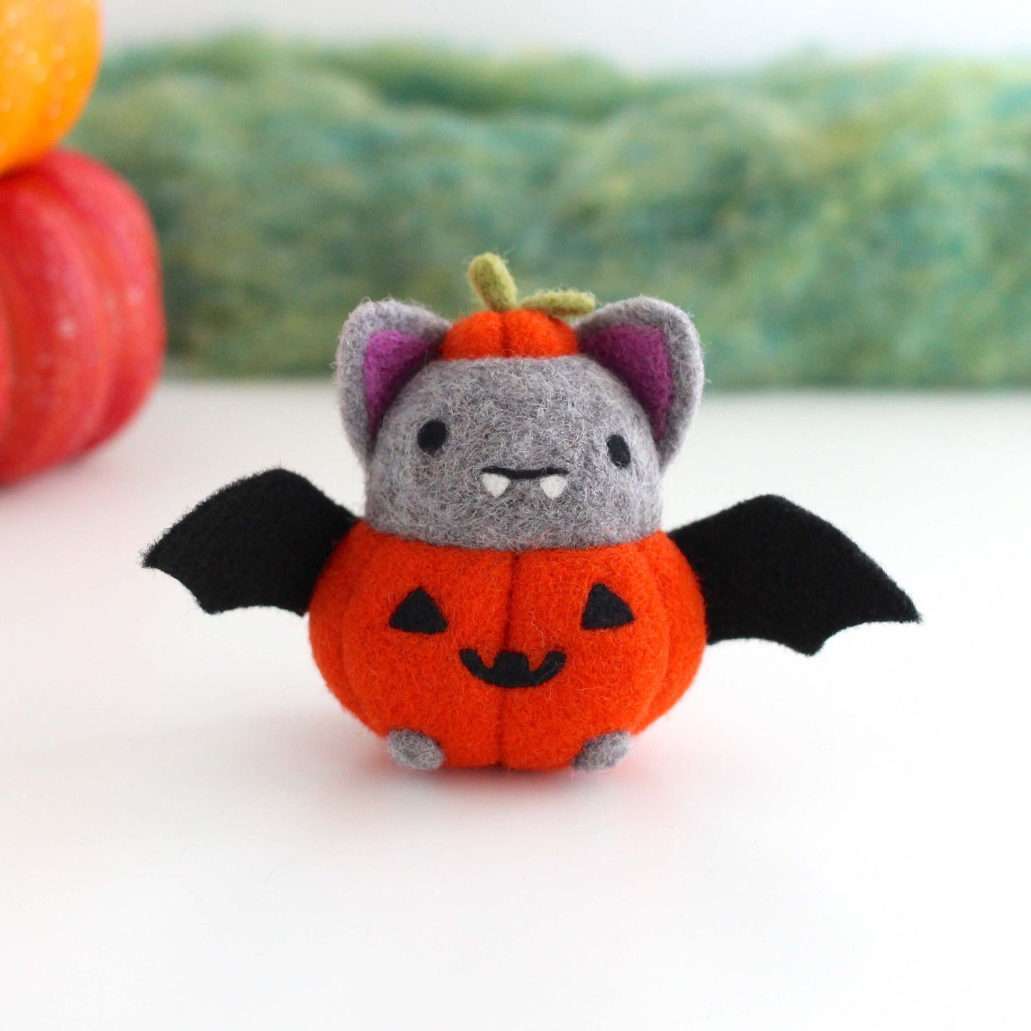 Needle Felted Bat in Jack-o'-Lantern