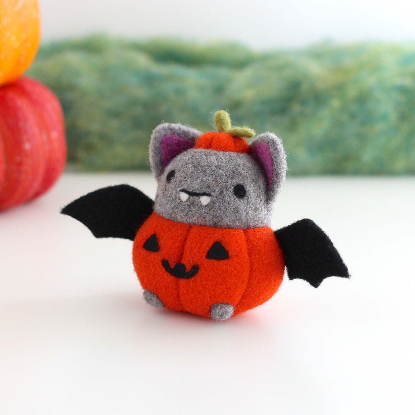 Needle Felted Bat in Jack-o'-Lantern