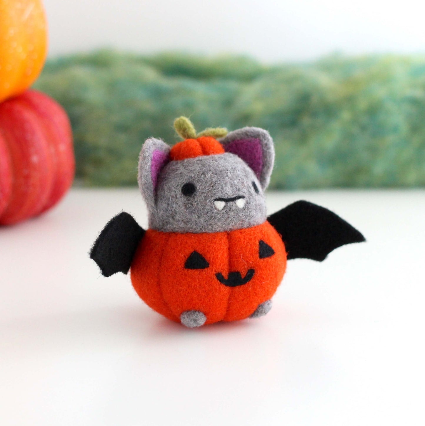 Needle Felted Bat in Jack-o'-Lantern