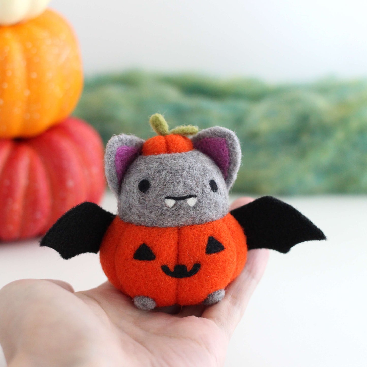 Needle Felted Bat in Jack-o'-Lantern