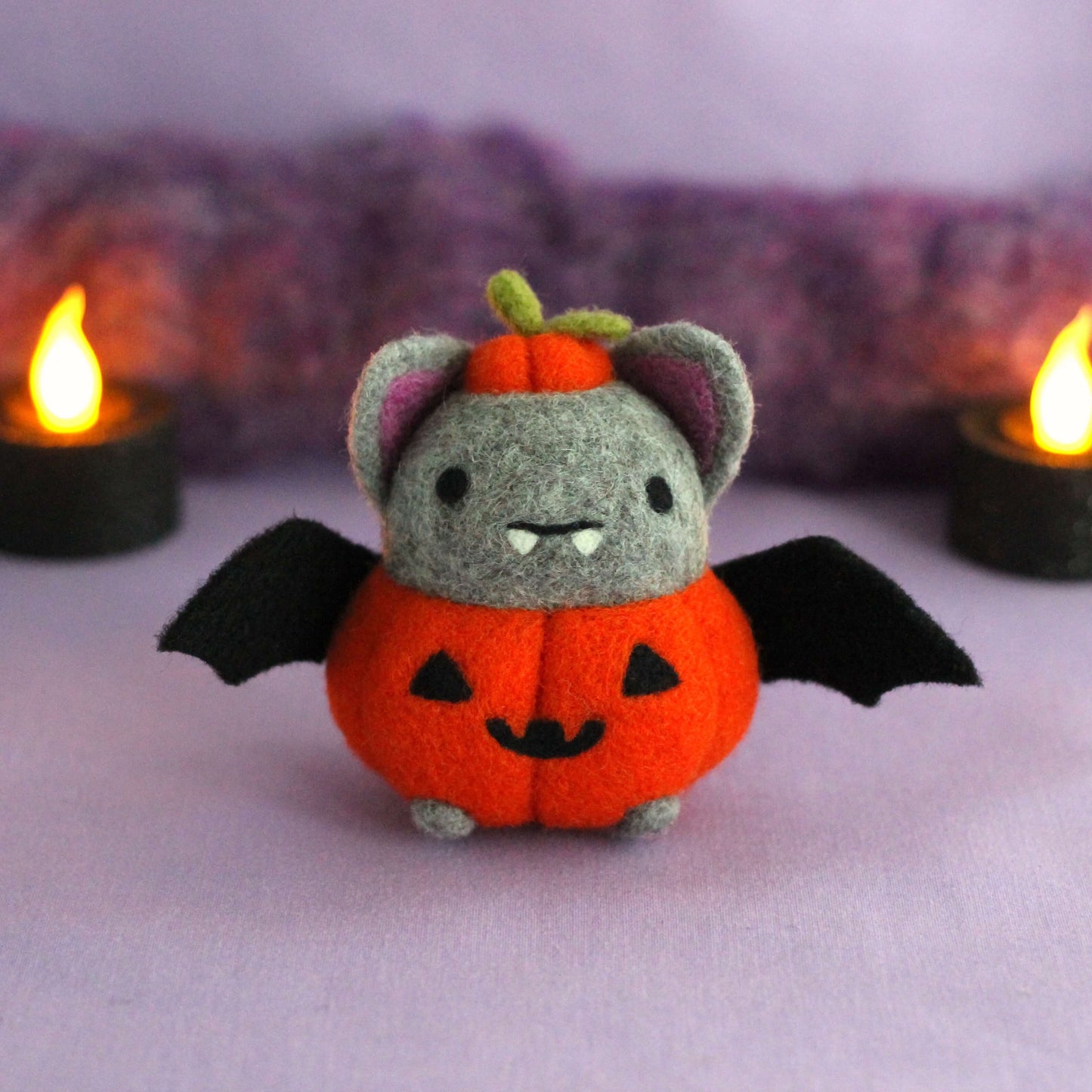 Needle Felted Bat in Jack-o'-Lantern