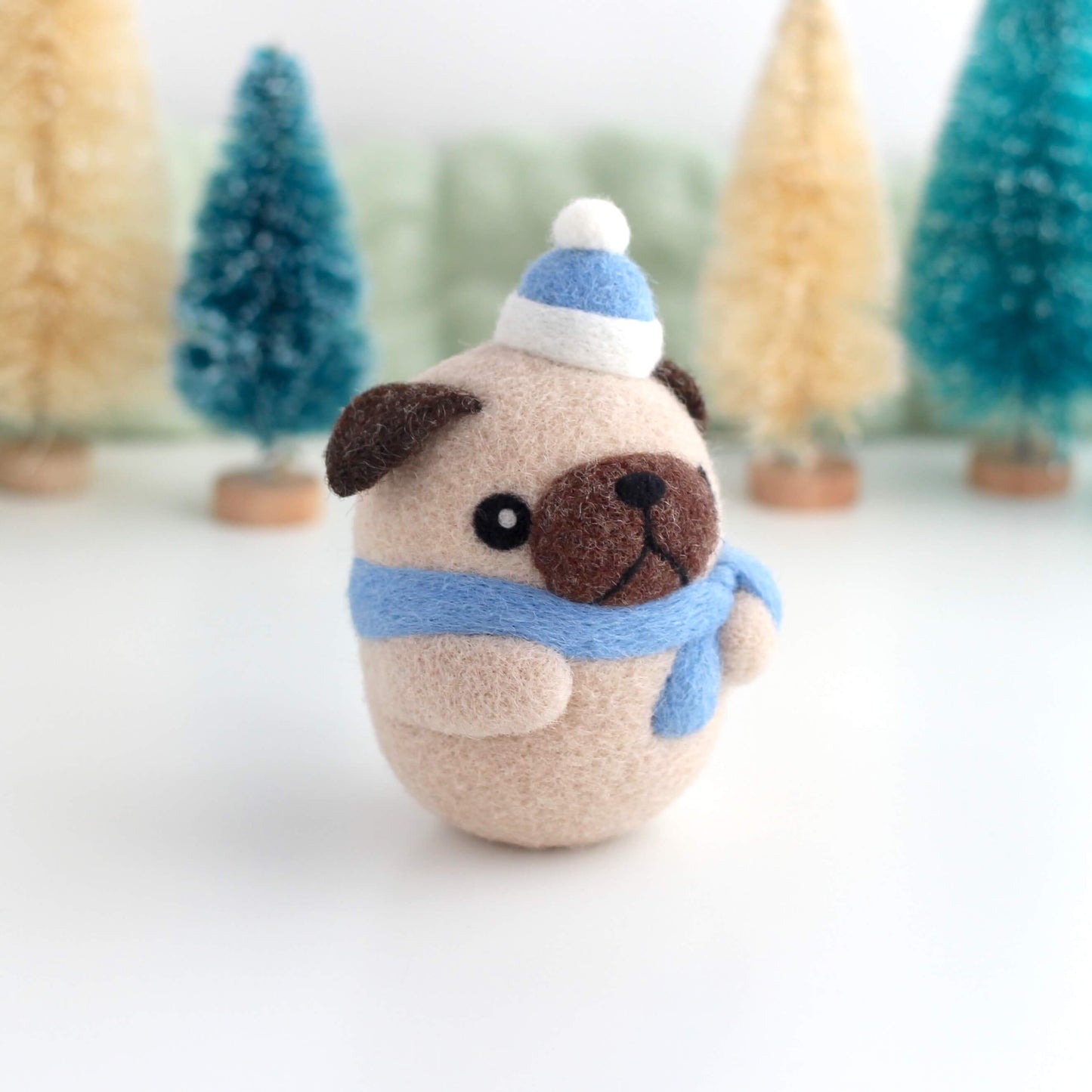 Needle Felted Pug with Blue Santa Hat