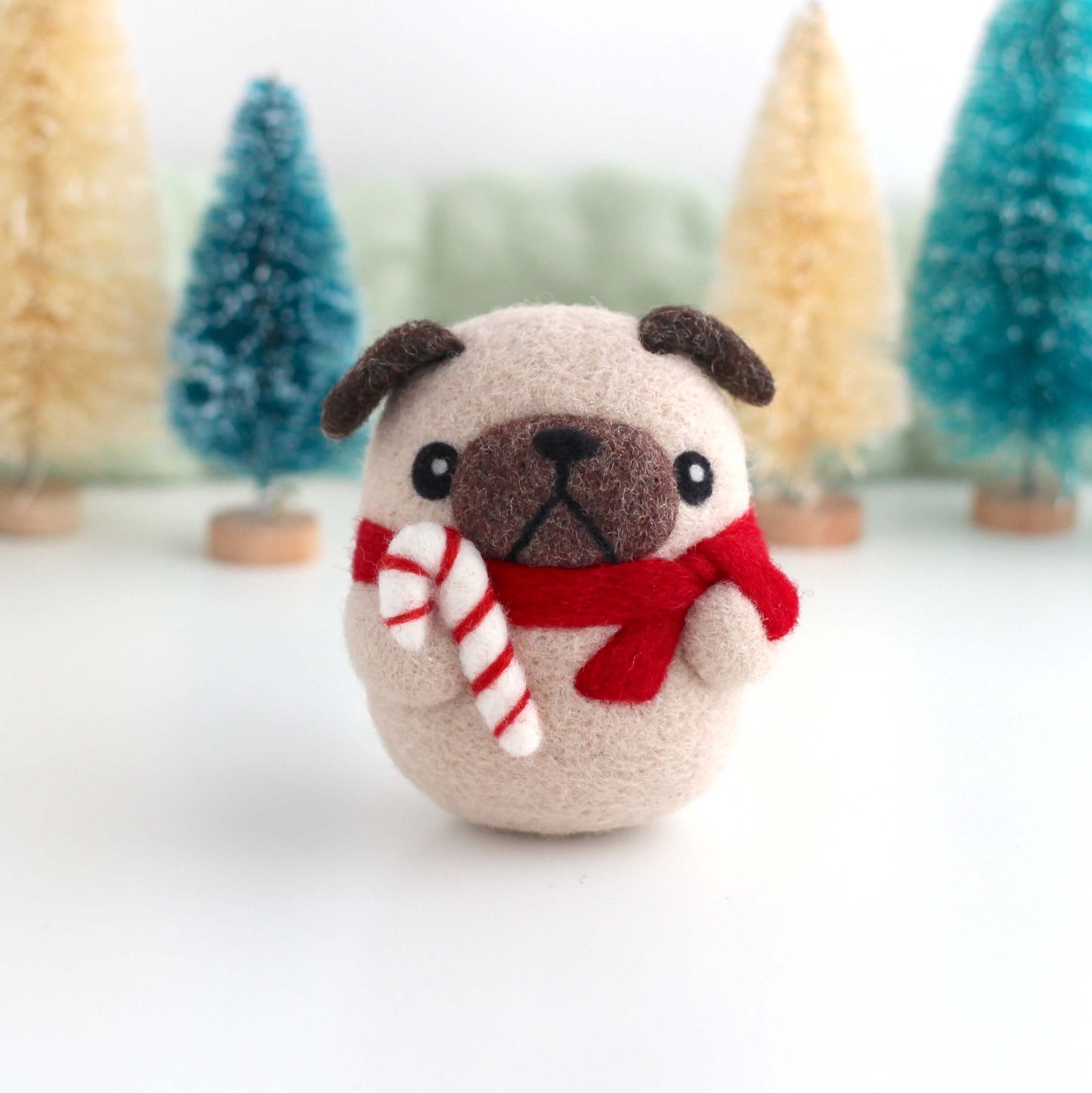 Needle Felted Pug with Candy Cane