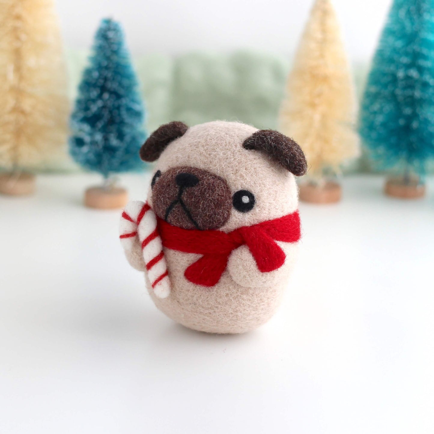 Needle Felted Pug with Candy Cane