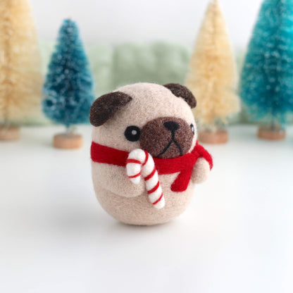 Needle Felted Pug with Candy Cane