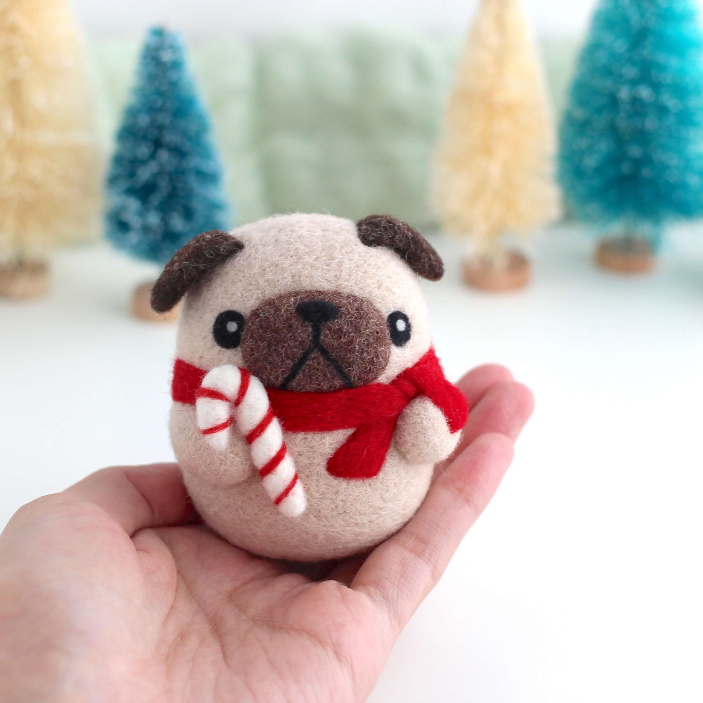 Needle Felted Pug with Candy Cane