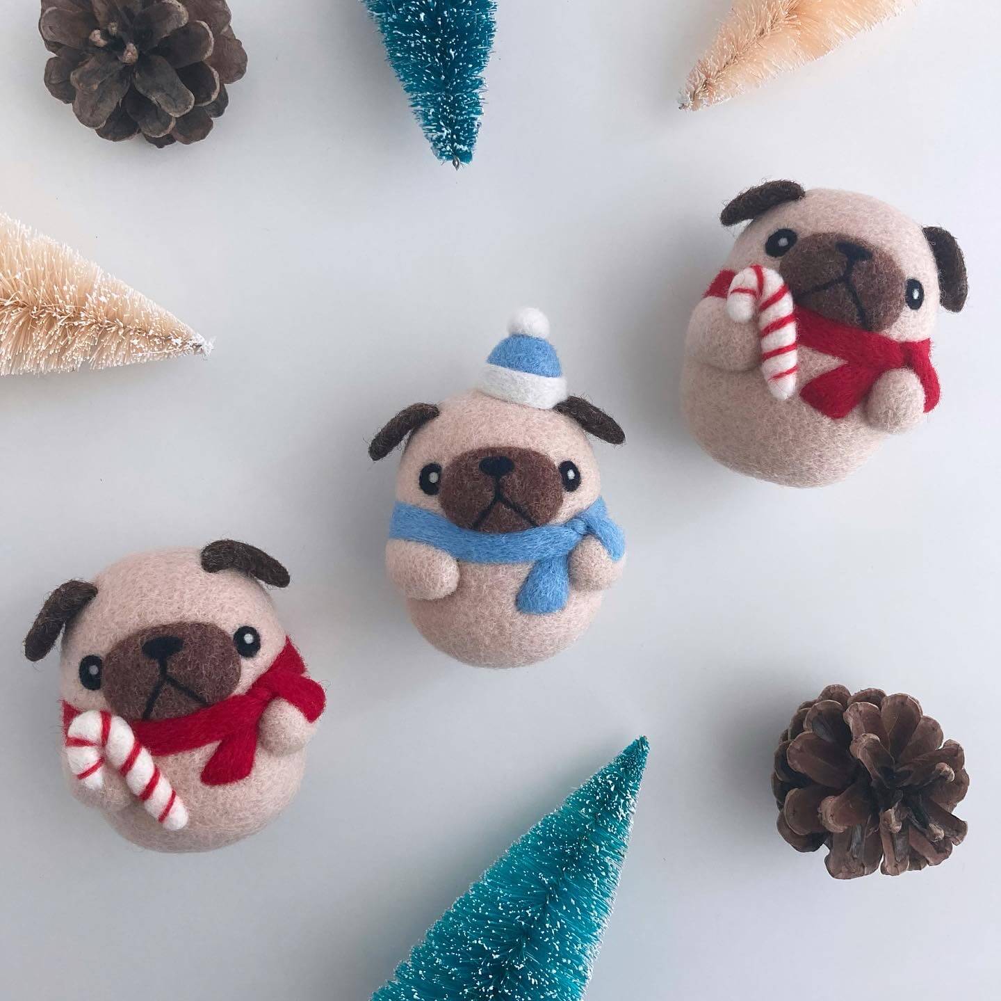 Needle Felted Pug with Blue Santa Hat