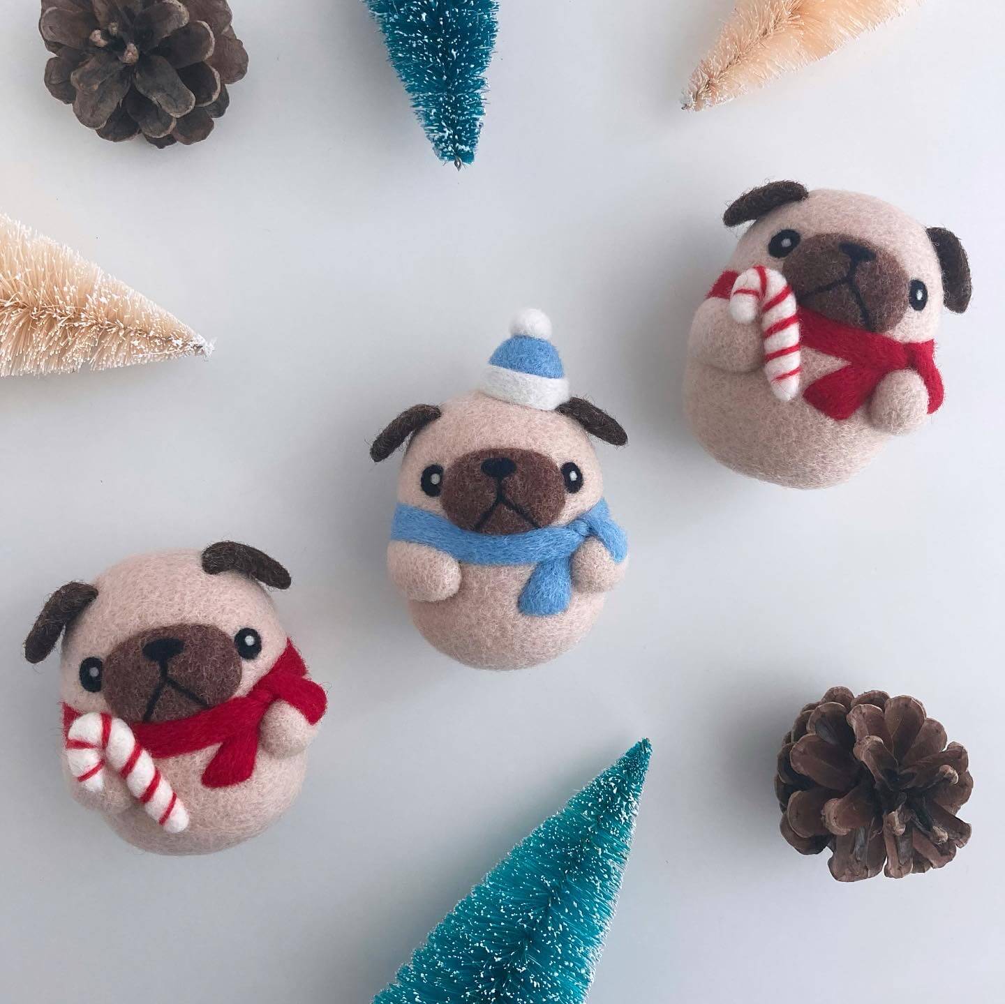 Needle Felted Pug with Candy Cane