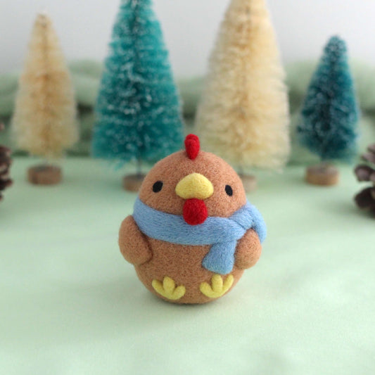 Needle Felted Cozy Brown Chicken w/ Blue Scarf