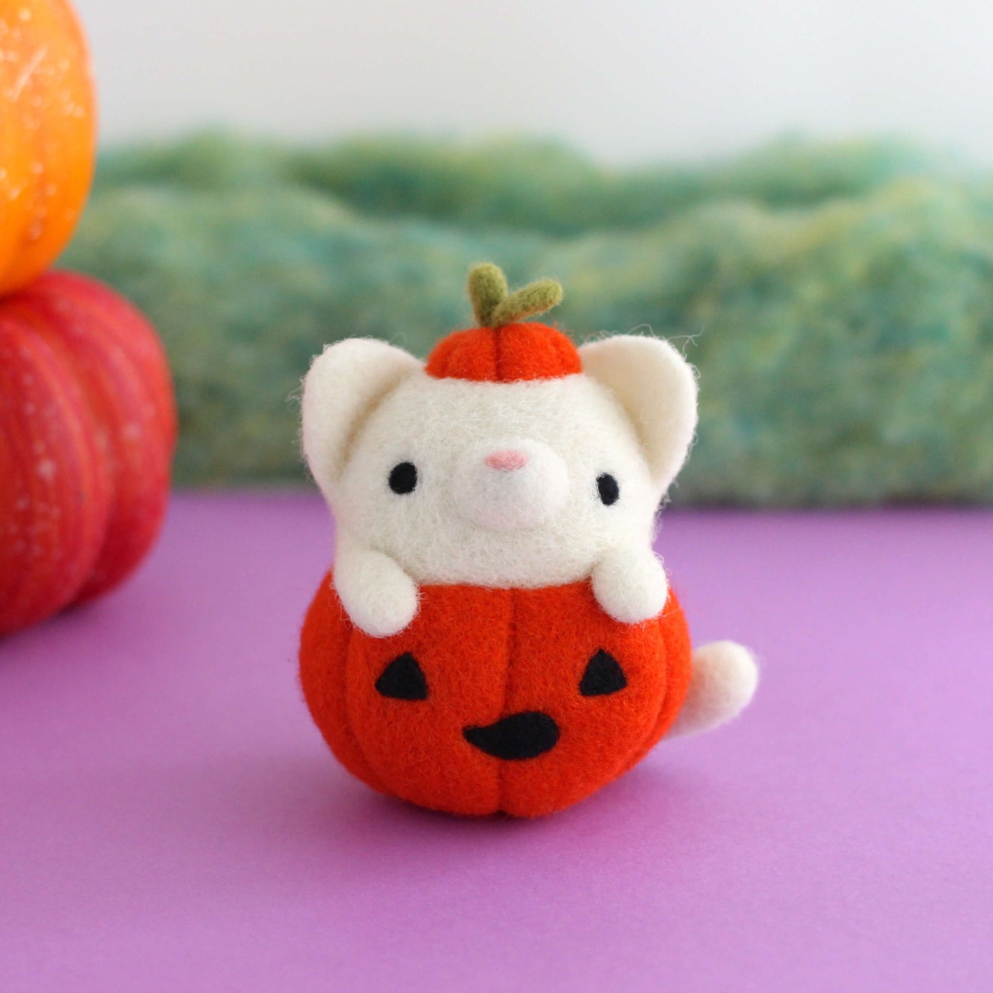 Needle Felted Ghost Cat in Jack-o'-Lantern