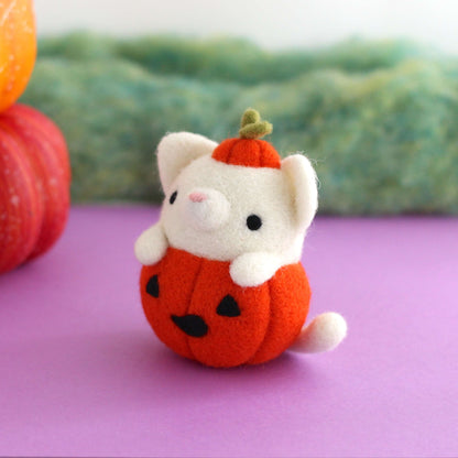 Needle Felted Ghost Cat in Jack-o'-Lantern