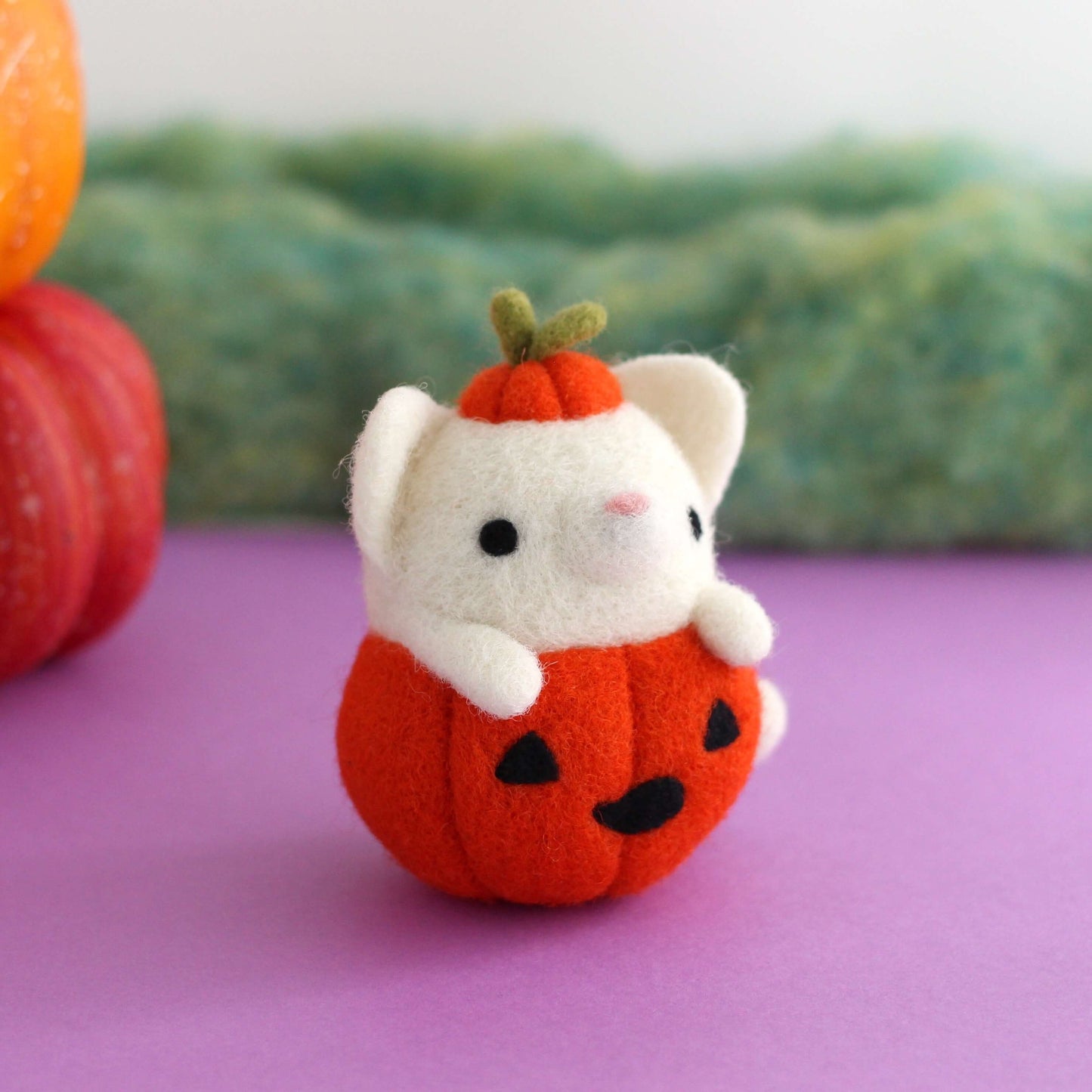 Needle Felted Ghost Cat in Jack-o'-Lantern