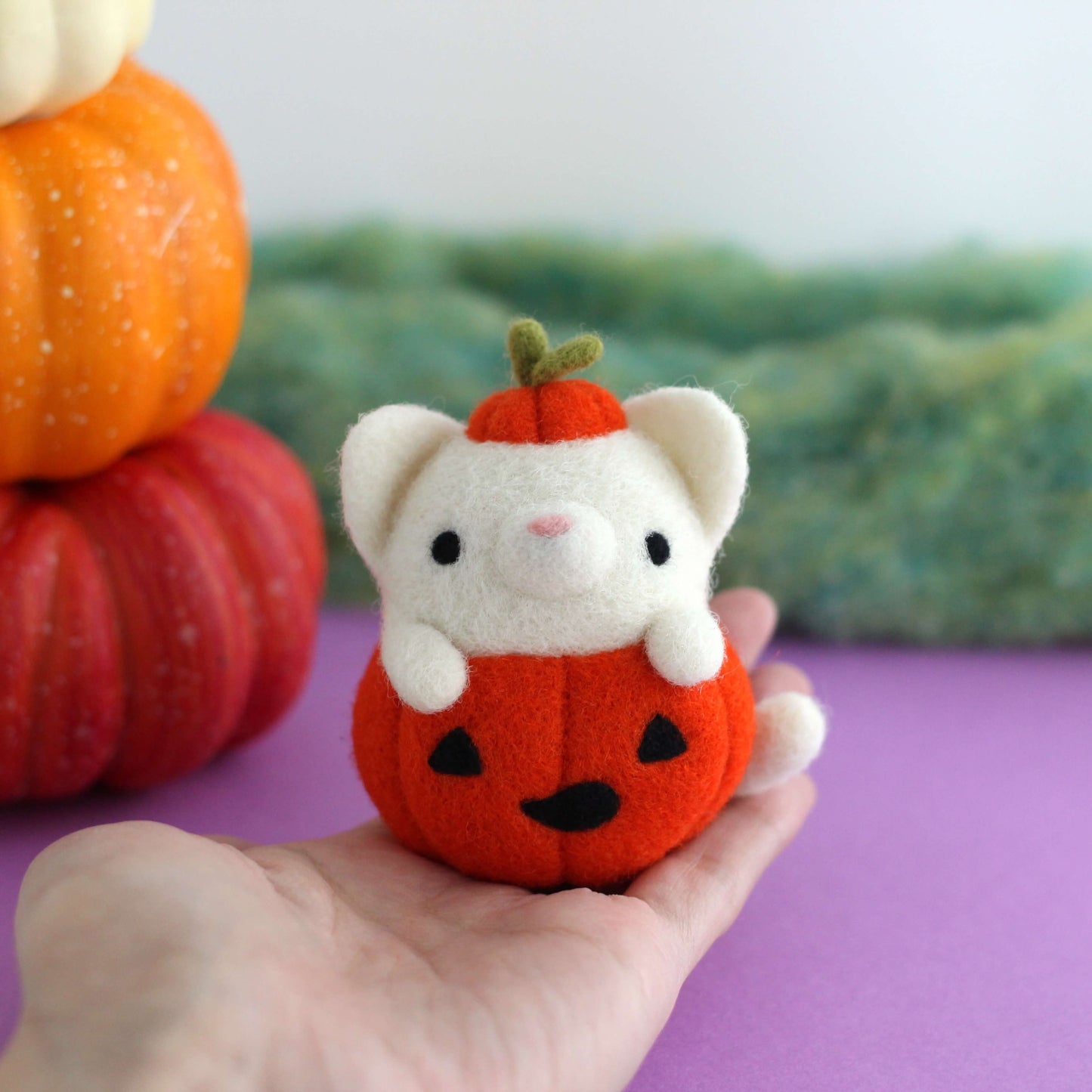 Needle Felted Ghost Cat in Jack-o'-Lantern