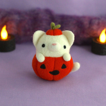 Needle Felted Ghost Cat in Jack-o'-Lantern