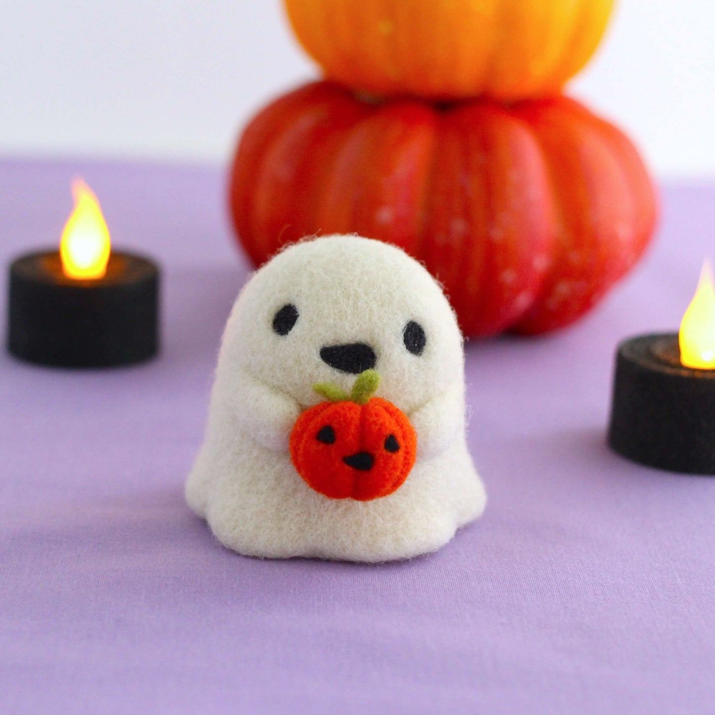 Needle Felted Ghostie holding Jack-o'-Lantern