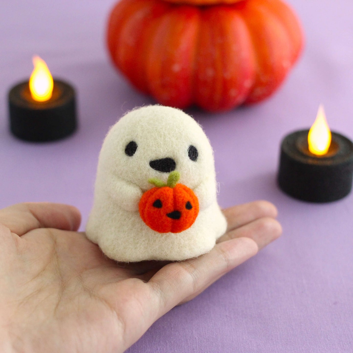 Needle Felted Ghostie holding Jack-o'-Lantern