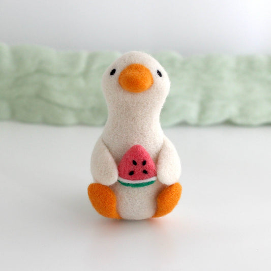 Needle Felted Goose Holding a Watermelon Slice