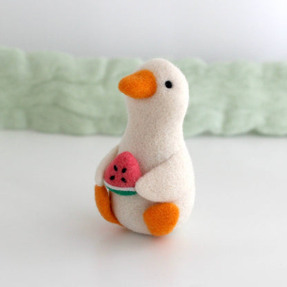 Needle Felted Goose Holding a Watermelon Slice