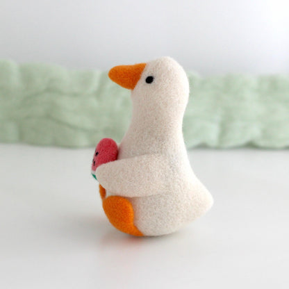 Needle Felted Goose Holding a Watermelon Slice