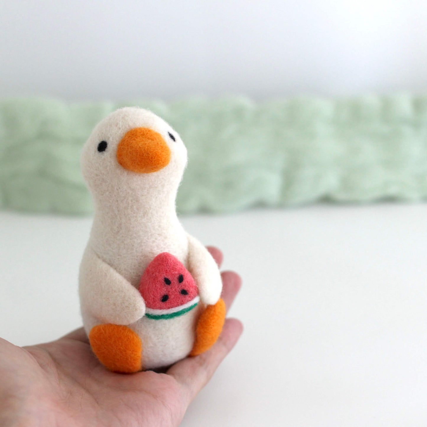 Needle Felted Goose Holding a Watermelon Slice