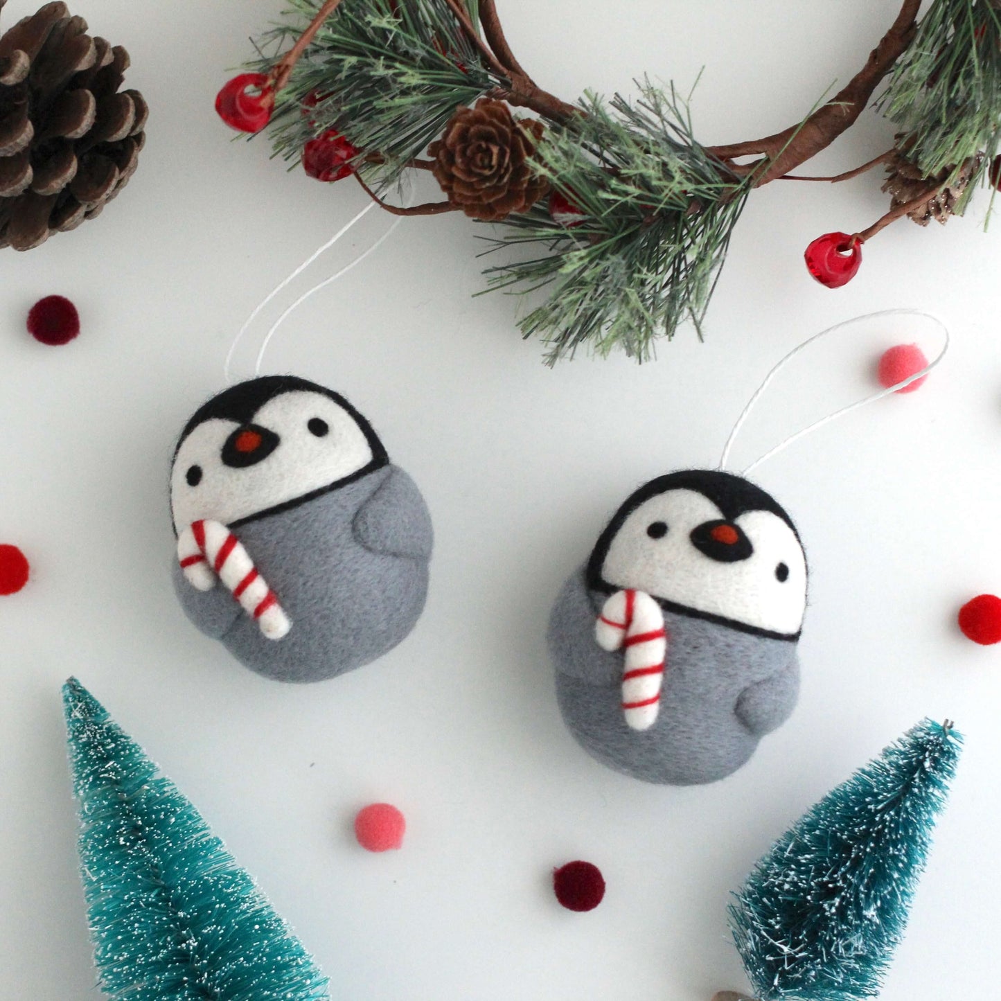 Needle Felted Penguin w/ Candy Cane Ornament