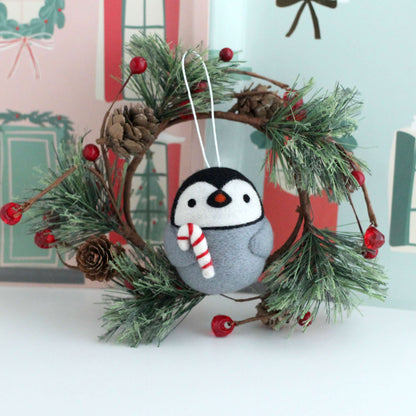 Needle Felted Penguin w/ Candy Cane Ornament