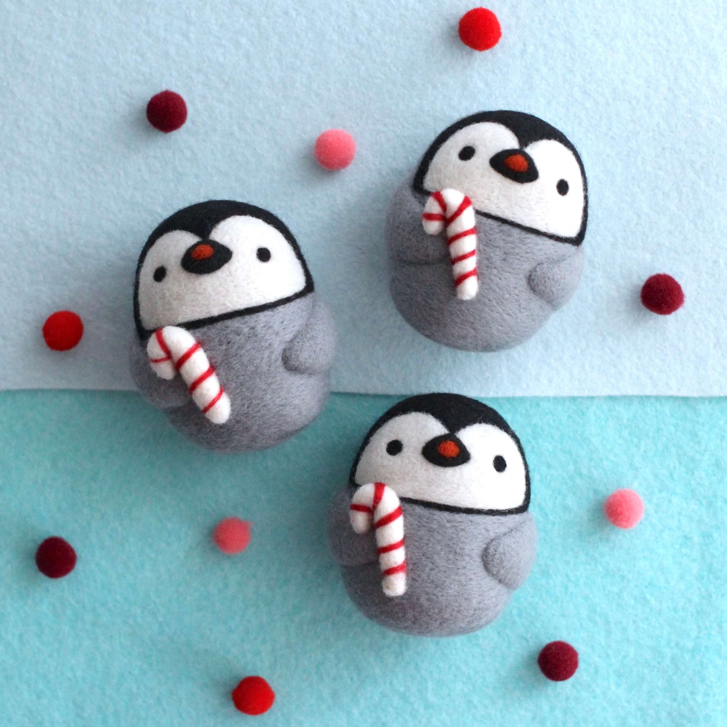 Needle Felted Penguin w/ Candy Cane Ornament