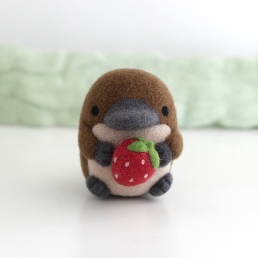 Needle Felted Platypus Holding Strawberry