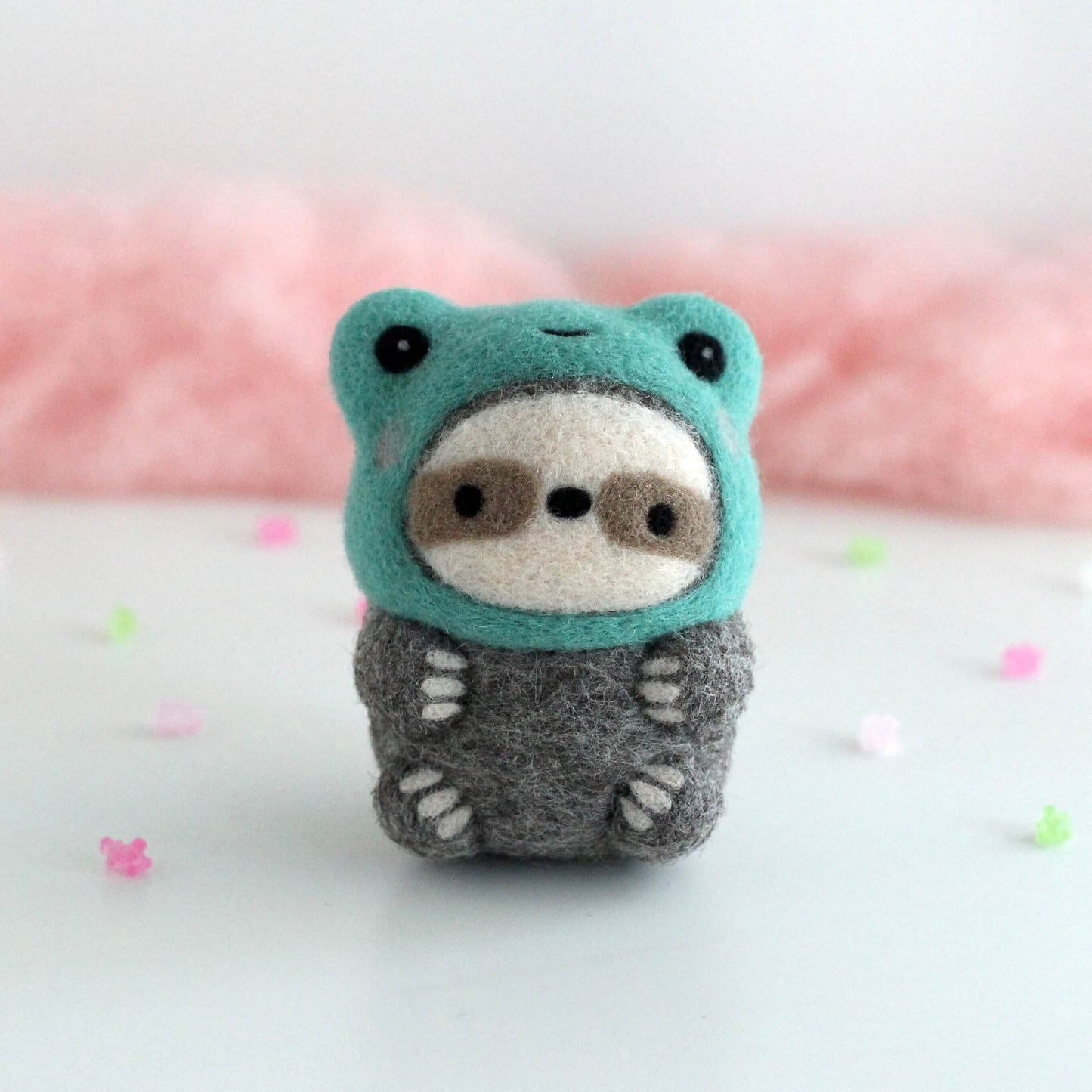 Needle Felted Sloth in Froggy Costume