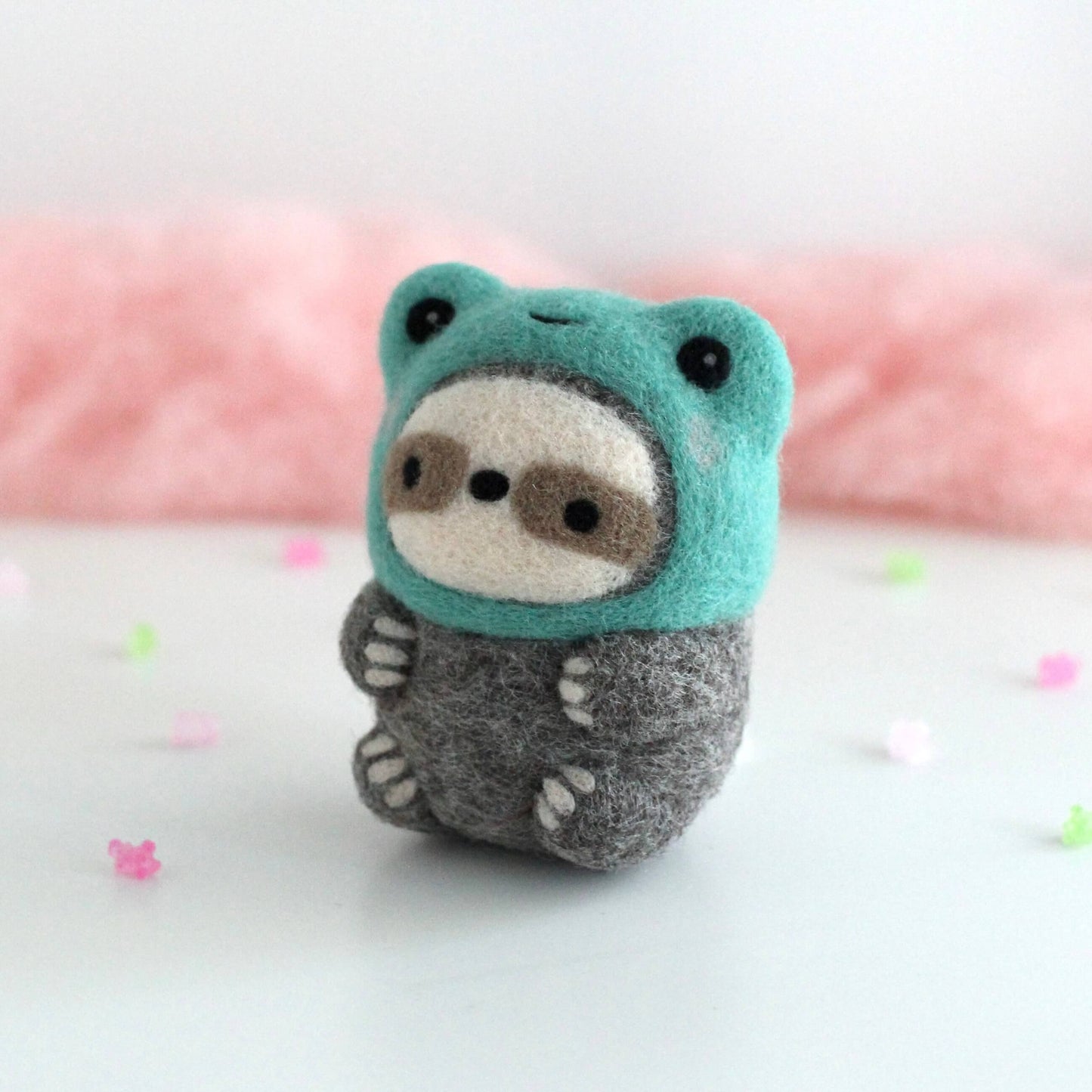 Needle Felted Sloth in Froggy Costume