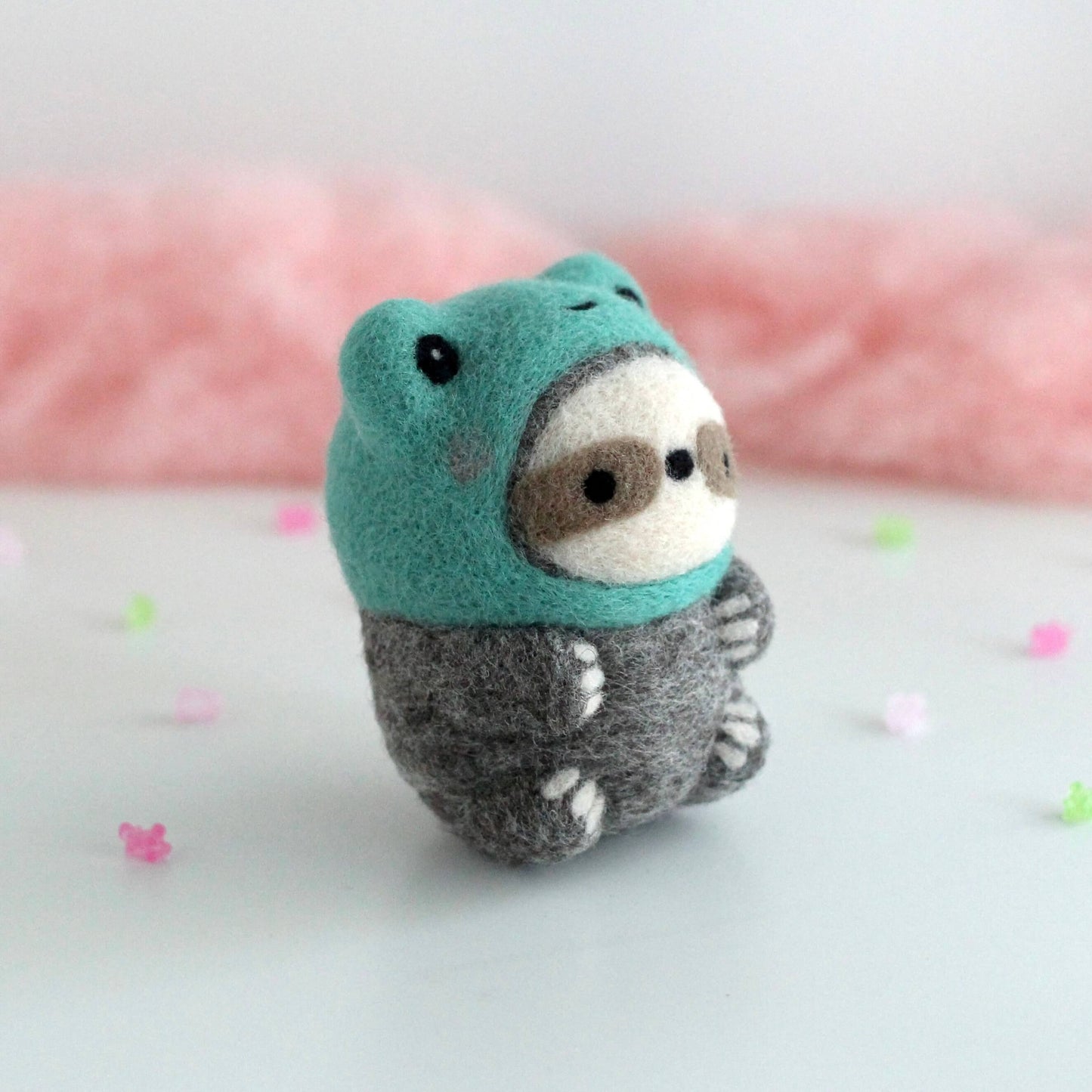 Needle Felted Sloth in Froggy Costume