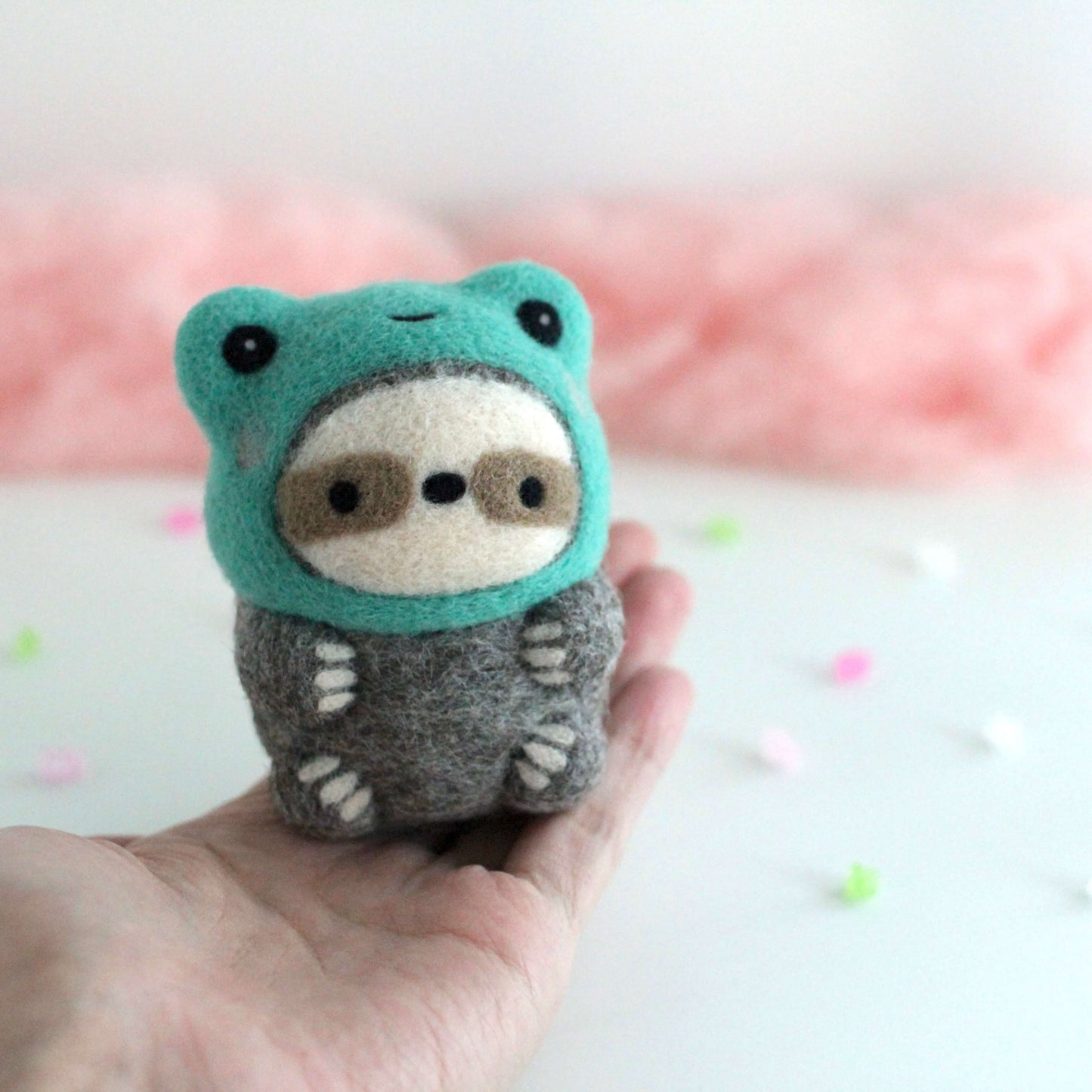 Needle Felted Sloth in Froggy Costume
