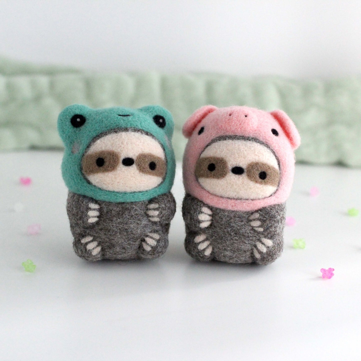 Needle Felted Sloth in Froggy Costume