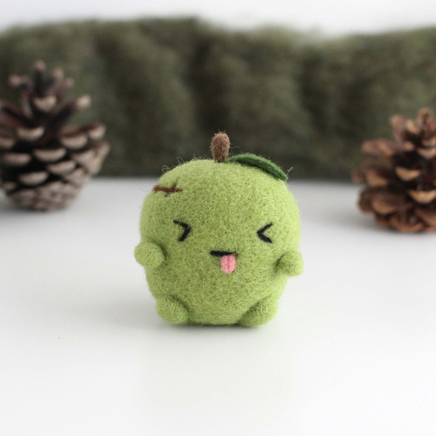 Needle Felted Sour Green Apple Zombie Ornament